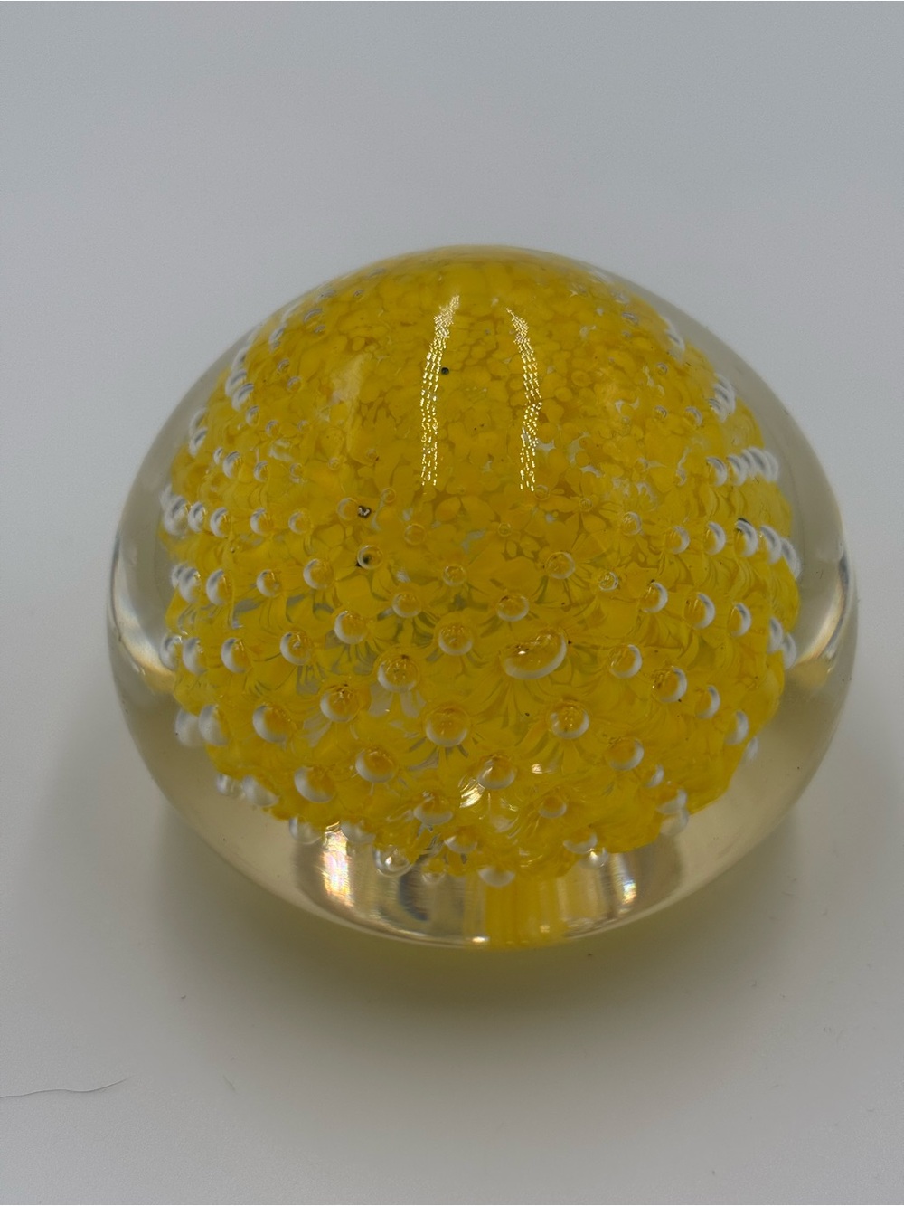 Vintage Hand- Blown Yellow and White Glass Paperweight Decorative Sphere